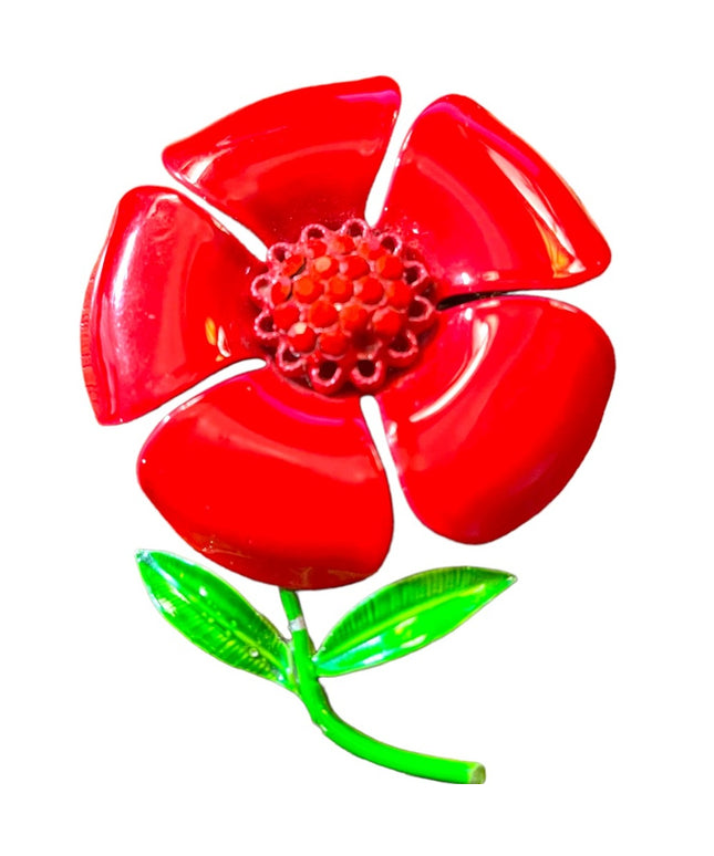 Vintage red flower With rhinestones metal brooch 1970s