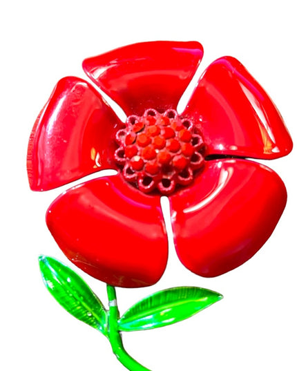 Vintage red flower With rhinestones metal brooch 1970s