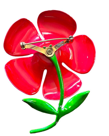 Vintage red flower With rhinestones metal brooch 1970s