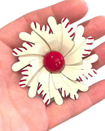 Vintage 1960s White & Red Flower large metal brooch