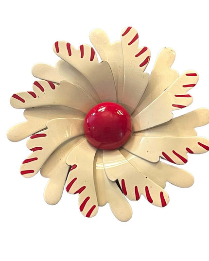 Vintage 1960s White & Red Flower large metal brooch