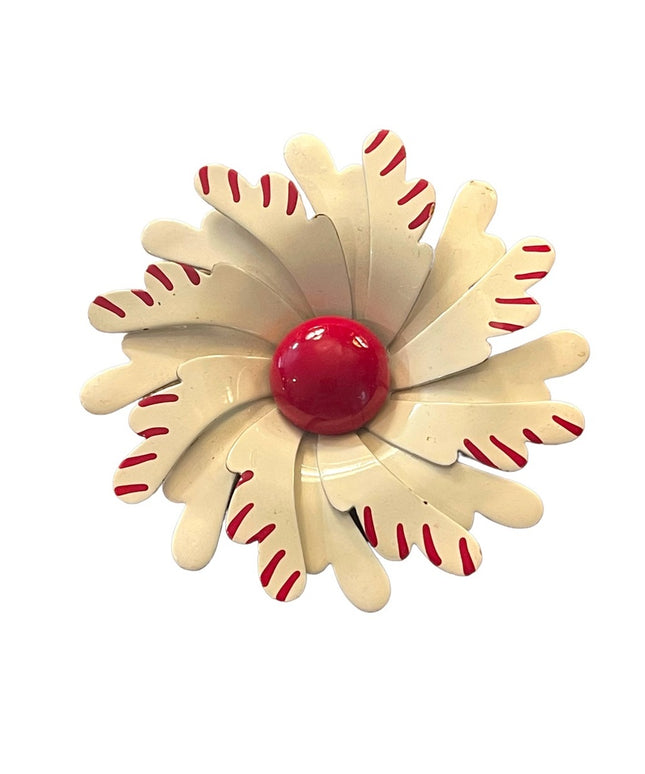 Vintage 1960s White & Red Flower large metal brooch