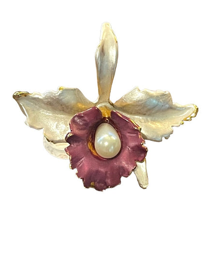 Lovely 1980s Creamy white & Purple Orchid brooch gold finish