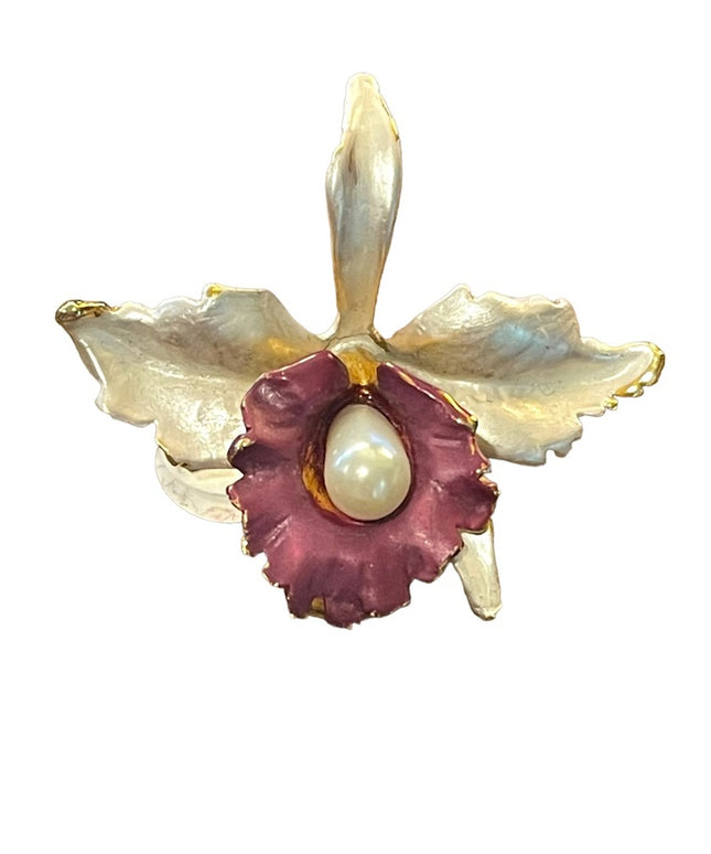 Lovely 1980s Creamy white & Purple Orchid brooch gold finish