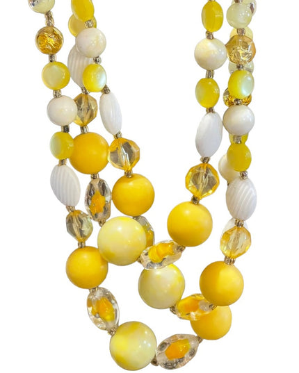 Vintage 3 strand 1960s yellow CZECH glass bead & plastic necklace 😎 Bright