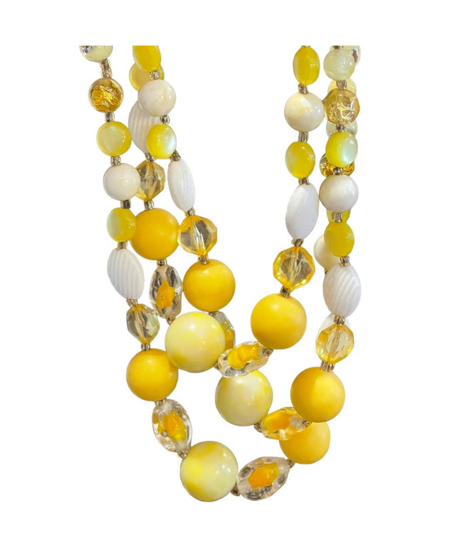 Vintage 3 strand 1960s yellow CZECH glass bead & plastic necklace 😎 Bright