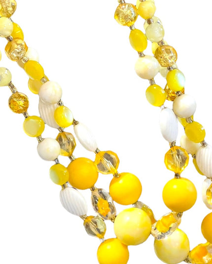 Vintage 3 strand 1960s yellow CZECH glass bead & plastic necklace 😎 Bright