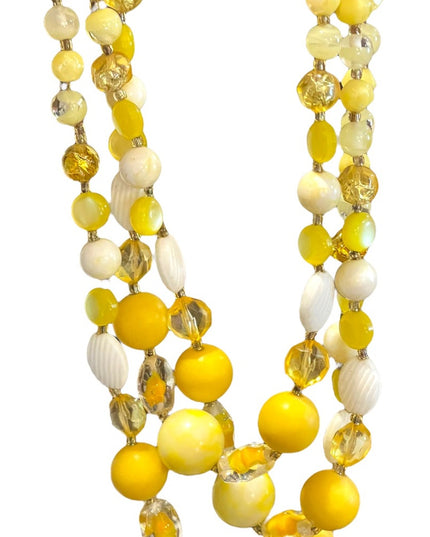 Vintage 3 strand 1960s yellow CZECH glass bead & plastic necklace 😎 Bright