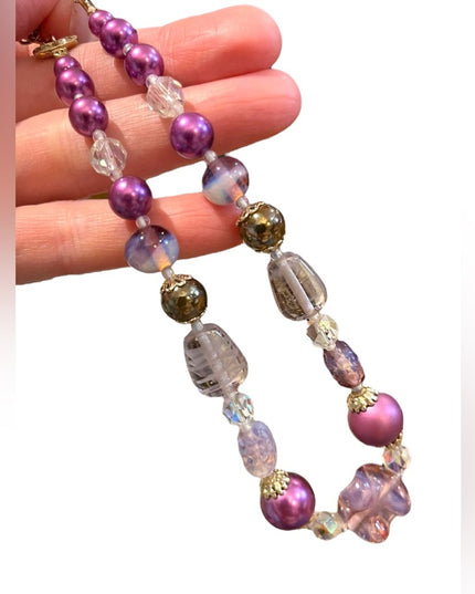 Vintage purple & clear fancy spun glass necklace faux pearl necklace