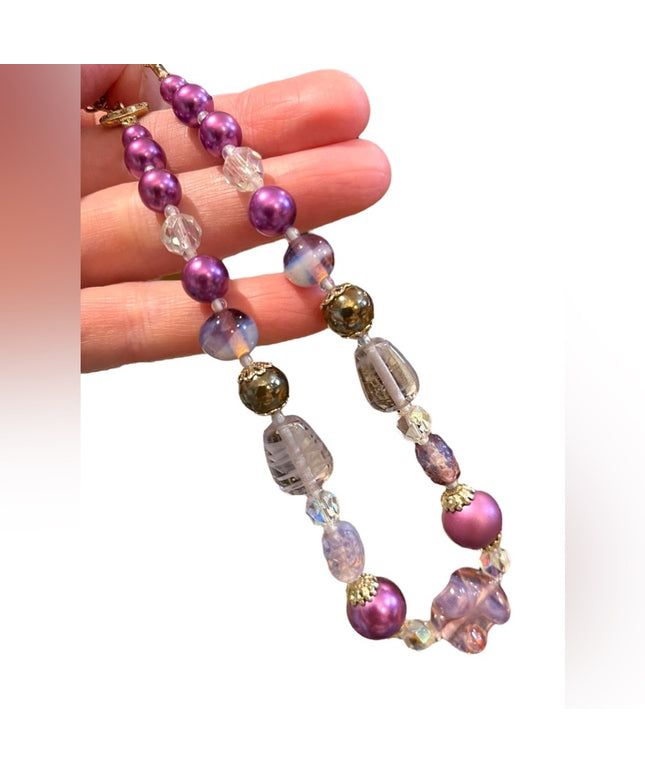 Vintage purple & clear fancy spun glass necklace faux pearl necklace