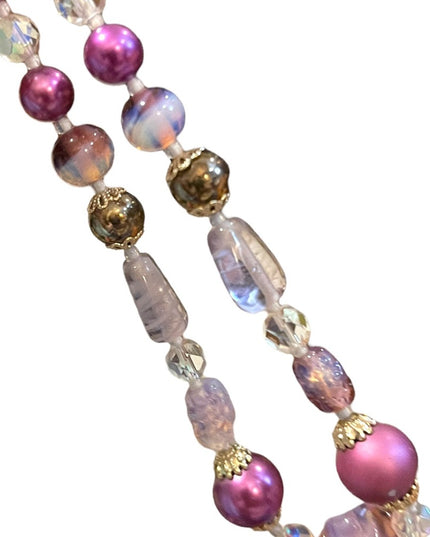 Vintage purple & clear fancy spun glass necklace faux pearl necklace