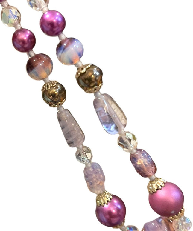 Vintage purple & clear fancy spun glass necklace faux pearl necklace