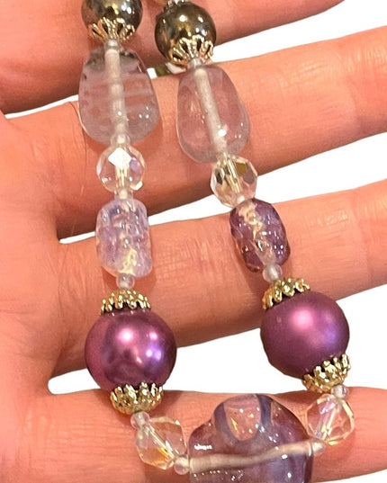 Vintage purple & clear fancy spun glass necklace faux pearl necklace