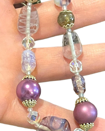 Vintage purple & clear fancy spun glass necklace faux pearl necklace