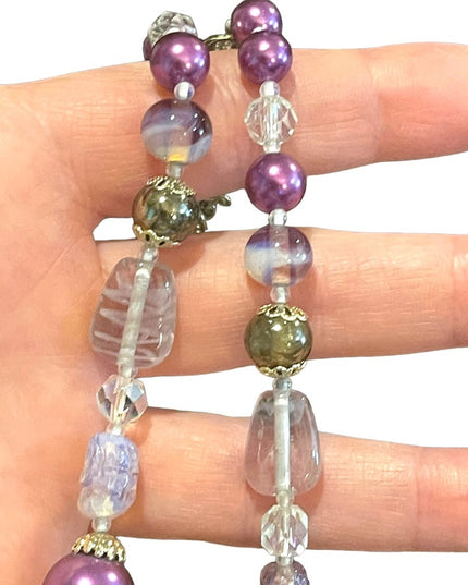 Vintage purple & clear fancy spun glass necklace faux pearl necklace