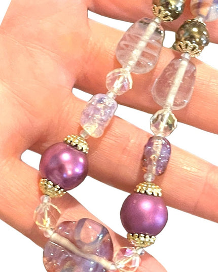 Vintage purple & clear fancy spun glass necklace faux pearl necklace