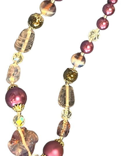 Vintage purple & clear fancy spun glass necklace faux pearl necklace