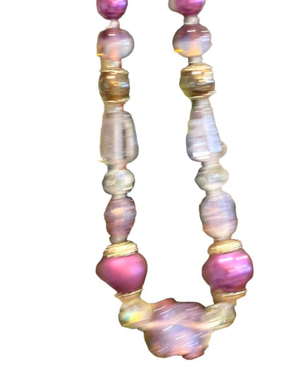 Vintage purple & clear fancy spun glass necklace faux pearl necklace