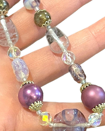 Vintage purple & clear fancy spun glass necklace faux pearl necklace