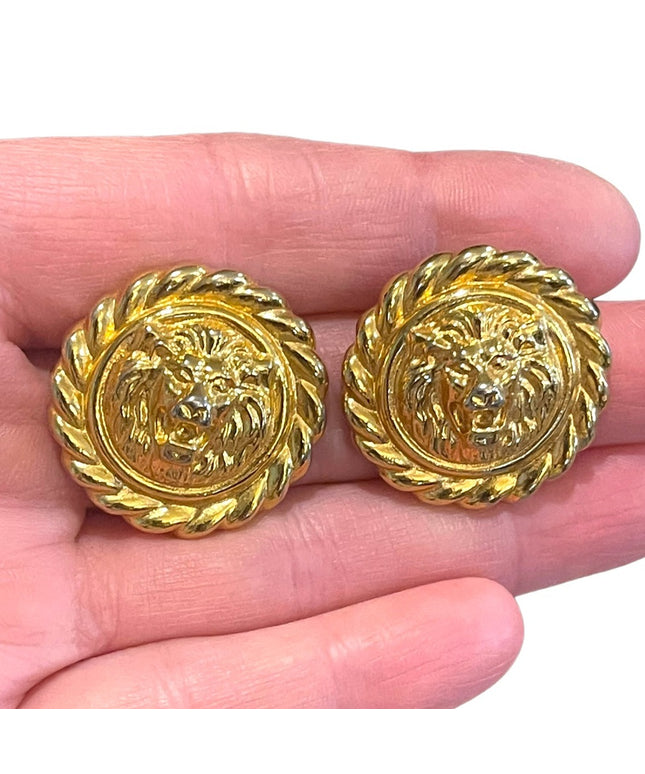 Vintage 1980s Gold finish ornate lion pierced earrings