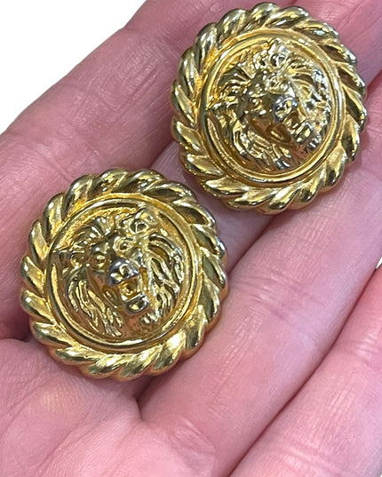 Vintage 1980s Gold finish ornate lion pierced earrings