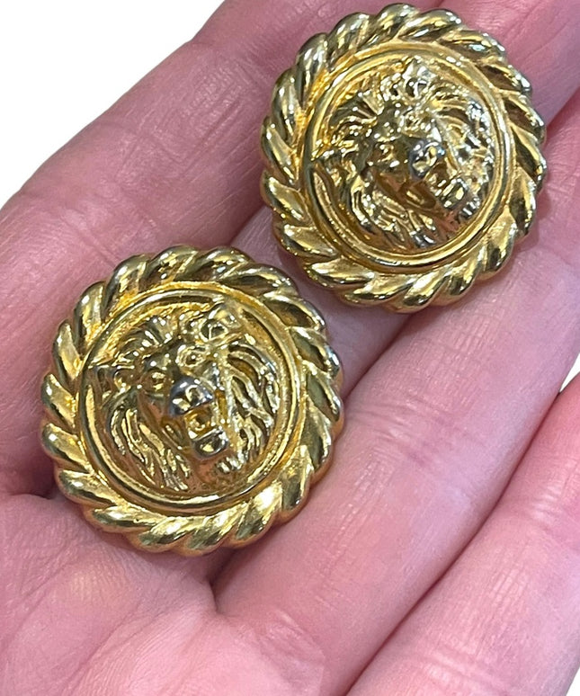 Vintage 1980s Gold finish ornate lion pierced earrings