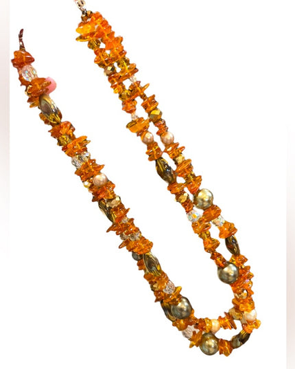Artisan Handmade Amber pearl & Crystal necklace 2 strand
