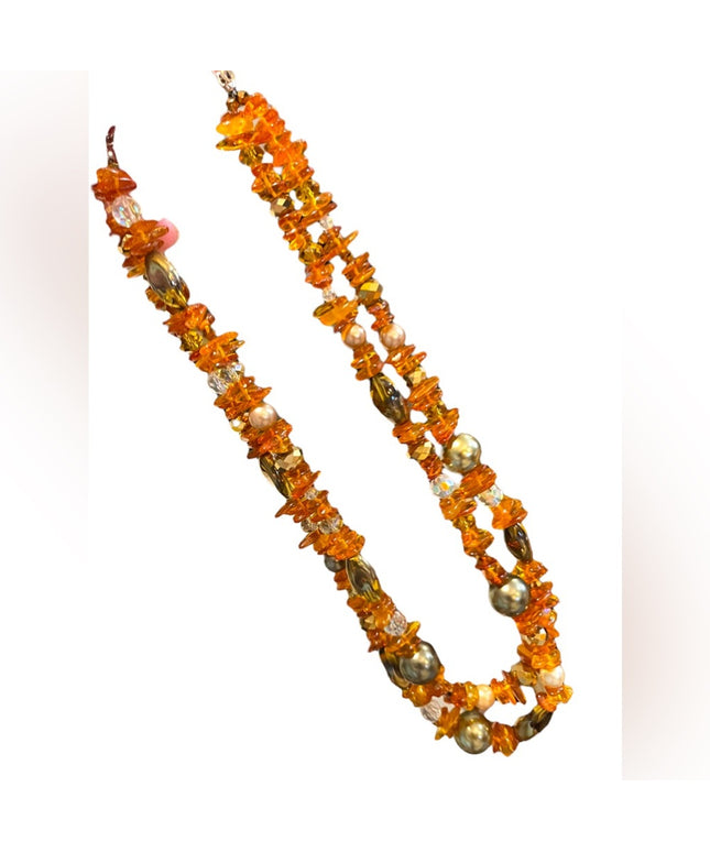 Artisan Handmade Amber pearl & Crystal necklace 2 strand