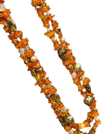 Artisan Handmade Amber pearl & Crystal necklace 2 strand