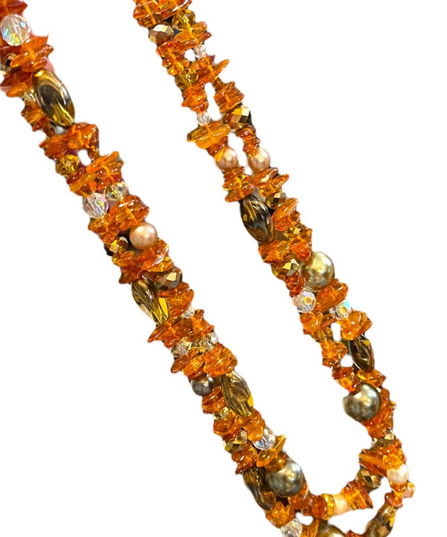 Artisan Handmade Amber pearl & Crystal necklace 2 strand