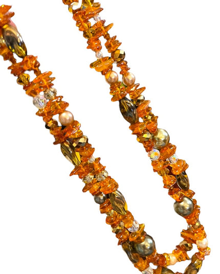 Artisan Handmade Amber pearl & Crystal necklace 2 strand