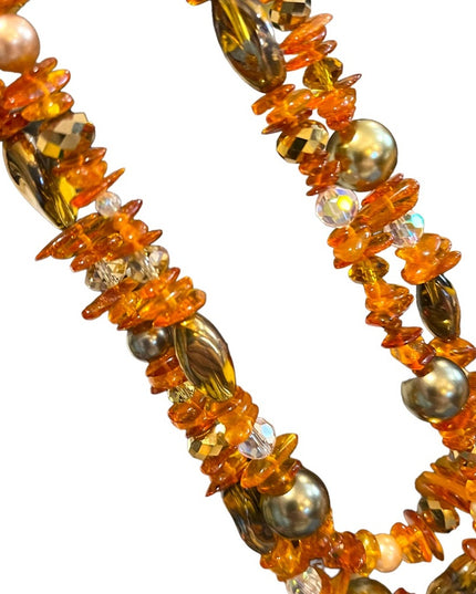 Artisan Handmade Amber pearl & Crystal necklace 2 strand
