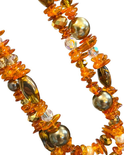 Artisan Handmade Amber pearl & Crystal necklace 2 strand