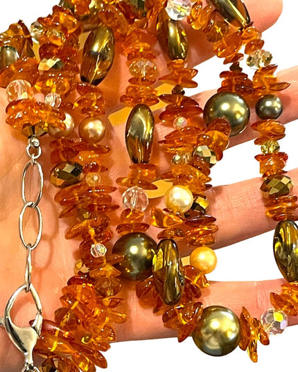Artisan Handmade Amber pearl & Crystal necklace 2 strand