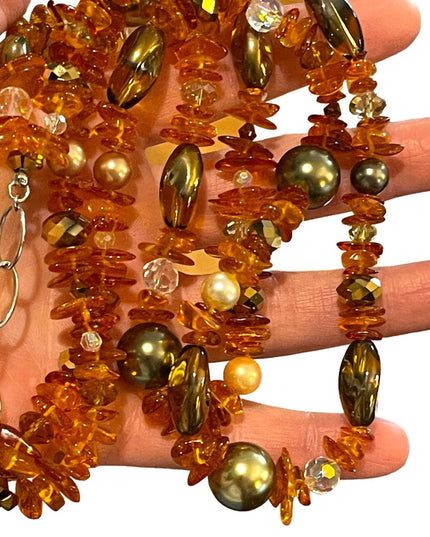 Artisan Handmade Amber pearl & Crystal necklace 2 strand