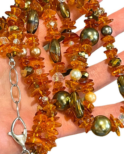 Artisan Handmade Amber pearl & Crystal necklace 2 strand