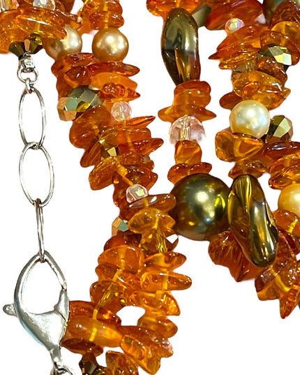 Artisan Handmade Amber pearl & Crystal necklace 2 strand