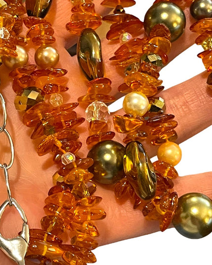 Artisan Handmade Amber pearl & Crystal necklace 2 strand