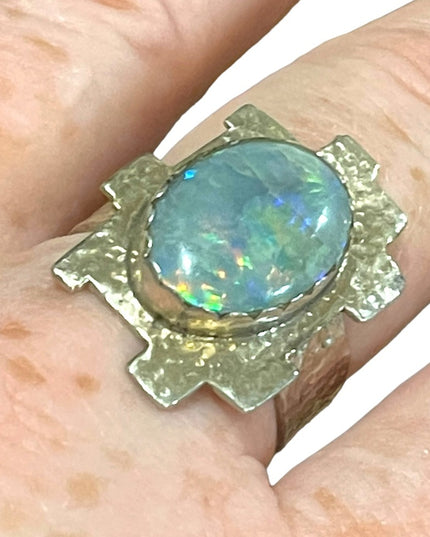 Hand crafted  silver 900 Hammered metal OPAL brutalist ring one of a kind