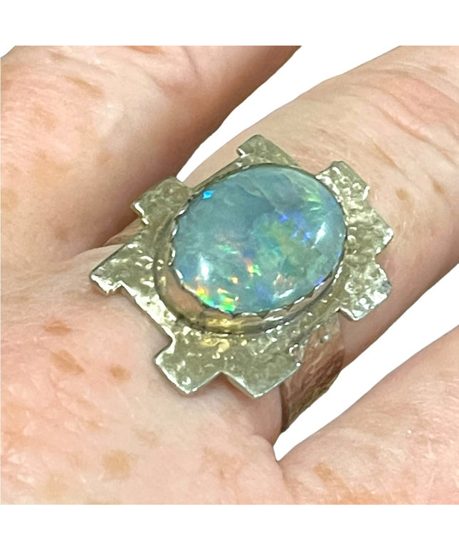Hand crafted  silver 900 Hammered metal OPAL brutalist ring one of a kind