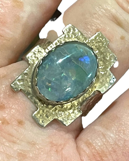 Hand crafted  silver 900 Hammered metal OPAL brutalist ring one of a kind