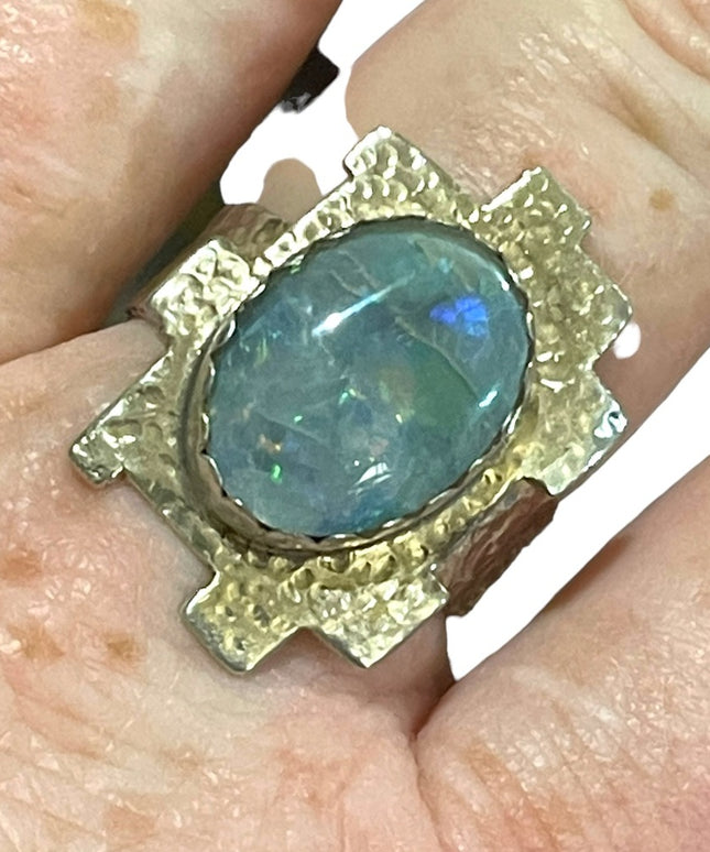 Hand crafted  silver 900 Hammered metal OPAL brutalist ring one of a kind
