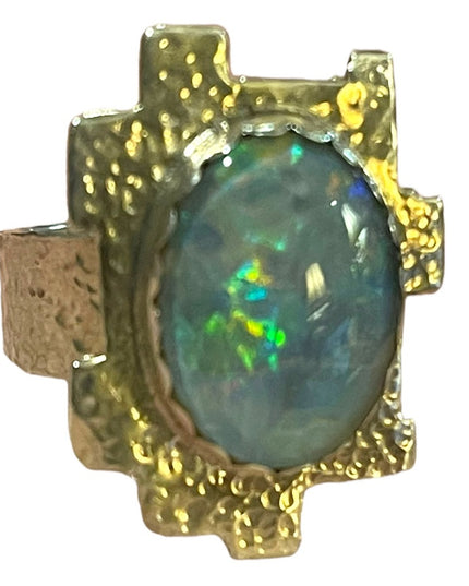 Hand crafted  silver 900 Hammered metal OPAL brutalist ring one of a kind