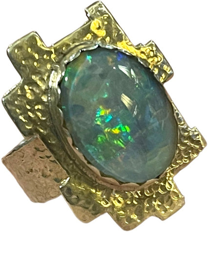Hand crafted  silver 900 Hammered metal OPAL brutalist ring one of a kind