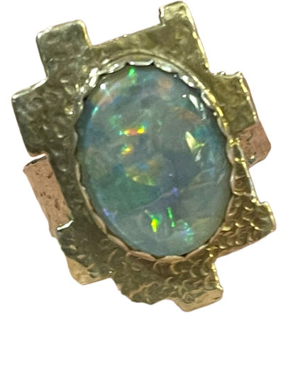 Hand crafted  silver 900 Hammered metal OPAL brutalist ring one of a kind