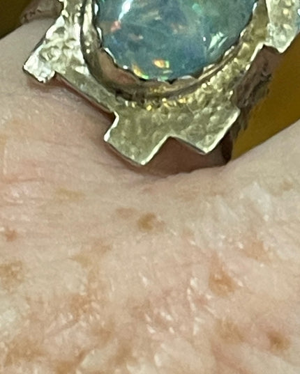 Hand crafted  silver 900 Hammered metal OPAL brutalist ring one of a kind