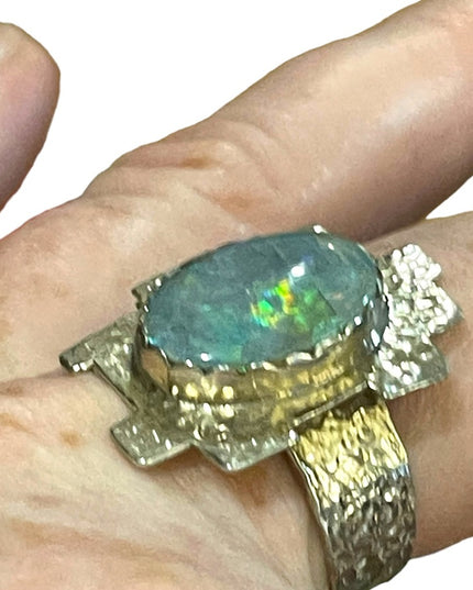 Hand crafted  silver 900 Hammered metal OPAL brutalist ring one of a kind