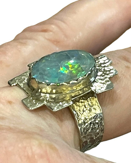 Hand crafted  silver 900 Hammered metal OPAL brutalist ring one of a kind