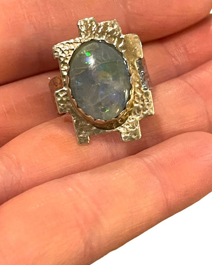 Hand crafted  silver 900 Hammered metal OPAL brutalist ring one of a kind