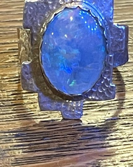 Hand crafted  silver 900 Hammered metal OPAL brutalist ring one of a kind